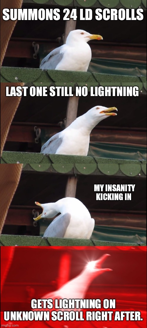 Inhaling Seagull Meme | SUMMONS 24 LD SCROLLS; LAST ONE STILL NO LIGHTNING; MY INSANITY KICKING IN; GETS LIGHTNING ON UNKNOWN SCROLL RIGHT AFTER. | image tagged in memes,inhaling seagull | made w/ Imgflip meme maker