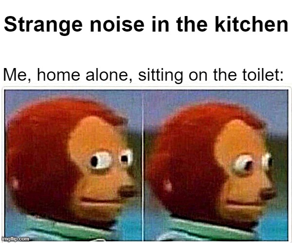 It's happened to all of us! lol | Strange noise in the kitchen; Me, home alone, sitting on the toilet: | image tagged in monkey puppet,scared,home alone,yikes | made w/ Imgflip meme maker