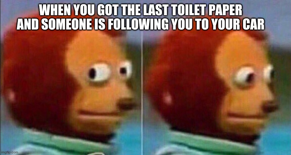 Monkey looking away | WHEN YOU GOT THE LAST TOILET PAPER AND SOMEONE IS FOLLOWING YOU TO YOUR CAR | image tagged in monkey looking away | made w/ Imgflip meme maker