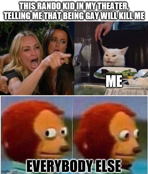 THIS RANDO KID IN MY THEATER, TELLING ME THAT BEING GAY WILL KILL ME; ME; EVERYBODY ELSE | image tagged in memes,monkey puppet,woman yelling at cat | made w/ Imgflip meme maker