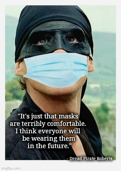 Masks are terribly comfortable | "It's just that masks 
are terribly comfortable. 
I think everyone will 
be wearing them
 in the future."; - Dread Pirate Roberts | image tagged in medical,masks,princess bride,pirate,coronavirus,upvote | made w/ Imgflip meme maker