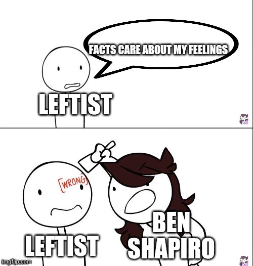 Jaiden animation wrong | FACTS CARE ABOUT MY FEELINGS; LEFTIST; BEN SHAPIRO; LEFTIST | image tagged in jaiden animation wrong | made w/ Imgflip meme maker