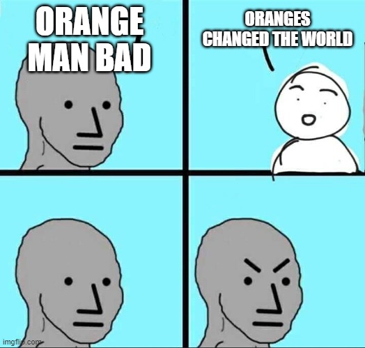 NPC Meme | ORANGE MAN BAD ORANGES CHANGED THE WORLD | image tagged in npc meme | made w/ Imgflip meme maker
