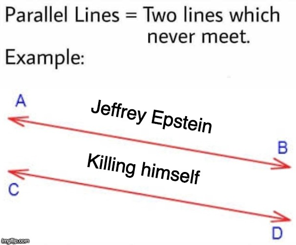 Epstein didn't kill himself |  Jeffrey Epstein; Killing himself | image tagged in parallel lines,jeffrey epstein,epstein | made w/ Imgflip meme maker