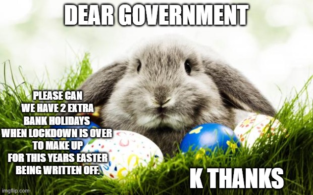 Easter bunny | DEAR GOVERNMENT; PLEASE CAN WE HAVE 2 EXTRA BANK HOLIDAYS 
WHEN LOCKDOWN IS OVER 
TO MAKE UP FOR THIS YEARS EASTER BEING WRITTEN OFF. K THANKS | image tagged in easter bunny | made w/ Imgflip meme maker