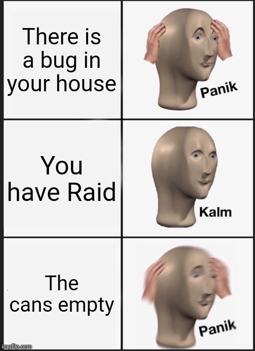 Panik Kalm Panik | There is a bug in your house; You have Raid; The cans empty | image tagged in memes,panik kalm panik | made w/ Imgflip meme maker