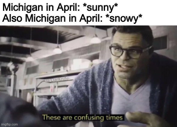 Michigan Spring | Michigan in April: *sunny*
Also Michigan in April: *snowy* | image tagged in these are confusing times,snow,sun,spring,michigan | made w/ Imgflip meme maker