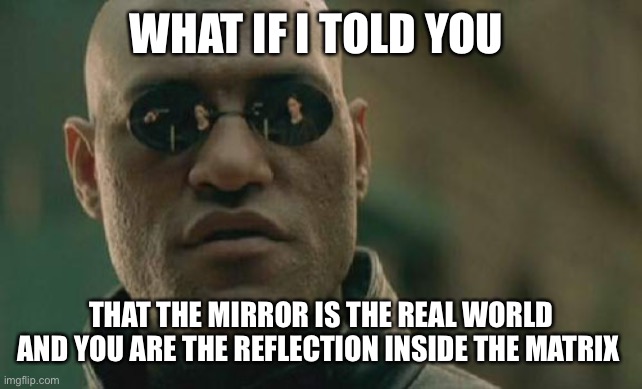 Matrix Morpheus | WHAT IF I TOLD YOU; THAT THE MIRROR IS THE REAL WORLD AND YOU ARE THE REFLECTION INSIDE THE MATRIX | image tagged in memes,matrix morpheus | made w/ Imgflip meme maker