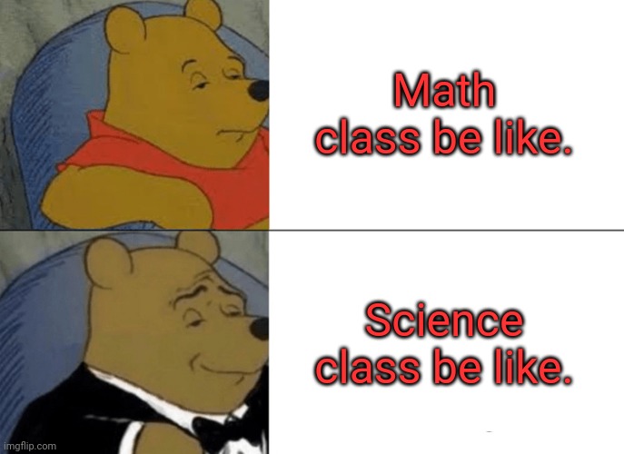 Tuxedo Winnie The Pooh Meme | Math class be like. Science class be like. | image tagged in memes,tuxedo winnie the pooh | made w/ Imgflip meme maker