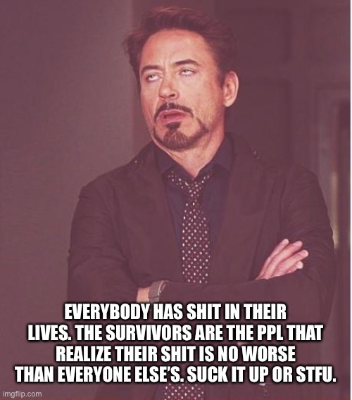 Face You Make Robert Downey Jr Meme | EVERYBODY HAS SHIT IN THEIR LIVES. THE SURVIVORS ARE THE PPL THAT REALIZE THEIR SHIT IS NO WORSE THAN EVERYONE ELSE’S. SUCK IT UP OR STFU. | image tagged in memes,face you make robert downey jr | made w/ Imgflip meme maker