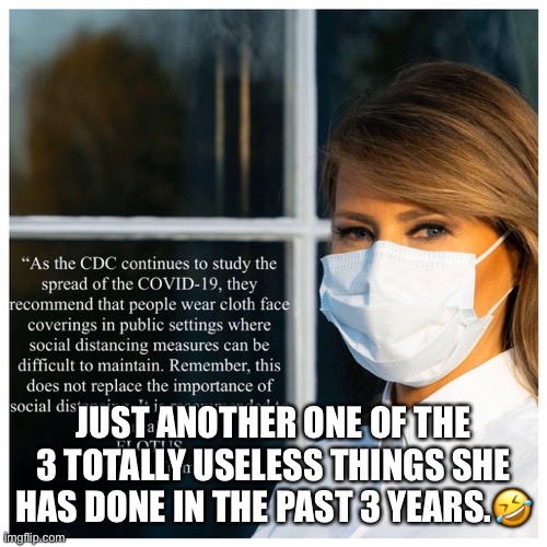 Useless As A Used Mask! | JUST ANOTHER ONE OF THE 3 TOTALLY USELESS THINGS SHE HAS DONE IN THE PAST 3 YEARS.🤣 | image tagged in flotus,melania trump,coronavirus,mask,cdc,useless | made w/ Imgflip meme maker