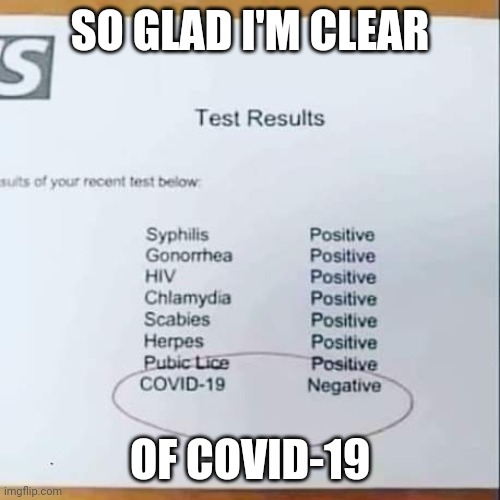 Test results | SO GLAD I'M CLEAR; OF COVID-19 | image tagged in coronavirus,corona virus,covid-19,covid19,stds | made w/ Imgflip meme maker