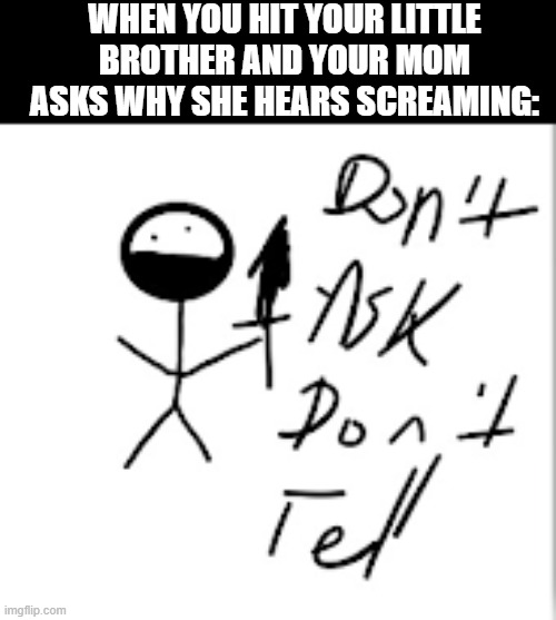 Don't Ask Don't Tell | WHEN YOU HIT YOUR LITTLE BROTHER AND YOUR MOM ASKS WHY SHE HEARS SCREAMING: | image tagged in don't ask don't tell | made w/ Imgflip meme maker