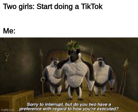 End of TikTok |  Two girls: Start doing a TikTok
  
 
Me: | image tagged in tiktok,sucks | made w/ Imgflip meme maker