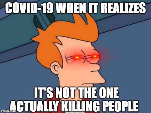 angry fry | COVID-19 WHEN IT REALIZES; IT'S NOT THE ONE ACTUALLY KILLING PEOPLE | image tagged in angry fry | made w/ Imgflip meme maker