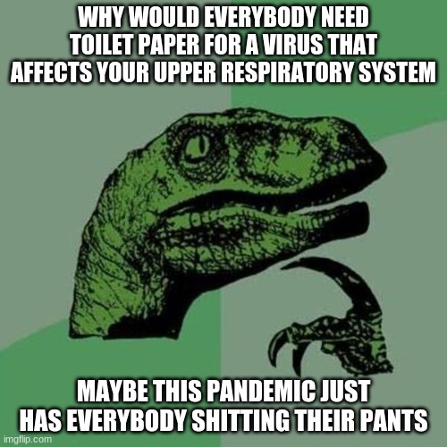 why does everybody need toilet paper | WHY WOULD EVERYBODY NEED TOILET PAPER FOR A VIRUS THAT AFFECTS YOUR UPPER RESPIRATORY SYSTEM; MAYBE THIS PANDEMIC JUST HAS EVERYBODY SHITTING THEIR PANTS | image tagged in raptor,memes,fuuny,funny memes,lol | made w/ Imgflip meme maker