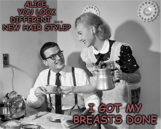 When you know a man is either a genuinely nice guy, or he's gay. Probably gay. | ALICE, YOU LOOK DIFFERENT ... NEW HAIR STYLE? I GOT MY BREASTS DONE | image tagged in 1950's,retro,breasts,new boobs,retro woman teacup | made w/ Imgflip meme maker