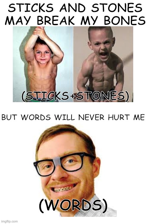 Life Lesson: Stay Away From Sticks And Stones | STICKS AND STONES MAY BREAK MY BONES; (STICKS+STONES); BUT WORDS WILL NEVER HURT ME; (WORDS) | image tagged in memes,sticks and stones,peewee herman,blank white template | made w/ Imgflip meme maker