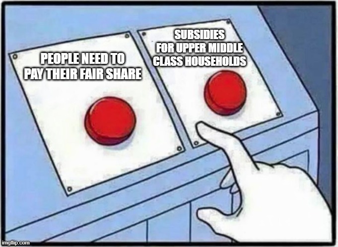 Hard Choice to make | SUBSIDIES FOR UPPER MIDDLE CLASS HOUSEHOLDS; PEOPLE NEED TO PAY THEIR FAIR SHARE | image tagged in hard choice to make | made w/ Imgflip meme maker