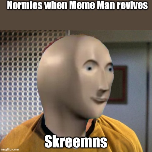 "MEME MAN WILL LIVE FOREVER AND NEVER DIE" | Normies when Meme Man revives; Skreemns | image tagged in captain kirk screaming,memes,meme man,normies | made w/ Imgflip meme maker