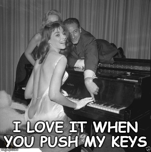 Is that a little "butt cleavage" I see? | I LOVE IT WHEN YOU PUSH MY KEYS | image tagged in 1950's,booty,butt,butt cleavage,retro | made w/ Imgflip meme maker