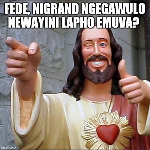 Buddy Christ | FEDE, NIGRAND NGEGAWULO NEWAYINI LAPHO EMUVA? | image tagged in memes,buddy christ | made w/ Imgflip meme maker
