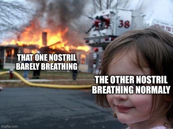 Disaster Girl | THAT ONE NOSTRIL BARELY BREATHING; THE OTHER NOSTRIL BREATHING NORMALY | image tagged in memes,disaster girl | made w/ Imgflip meme maker