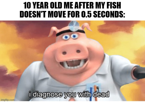 I diagnose you with dead | 10 YEAR OLD ME AFTER MY FISH DOESN'T MOVE FOR O.5 SECONDS: | image tagged in i diagnose you with dead | made w/ Imgflip meme maker