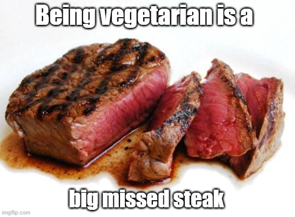 Rare Steak | Being vegetarian is a; big missed steak | image tagged in rare steak | made w/ Imgflip meme maker