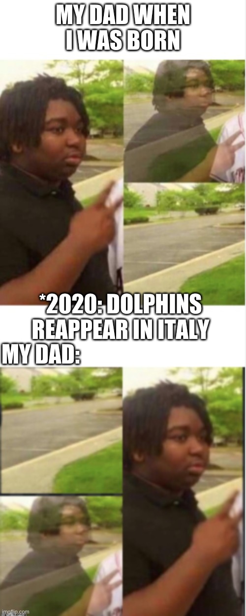 Disappear and Reappear | MY DAD WHEN I WAS BORN; *2020: DOLPHINS REAPPEAR IN ITALY; MY DAD: | image tagged in disappear and reappear,memes,dad,coronavirus,italy,disappearing | made w/ Imgflip meme maker