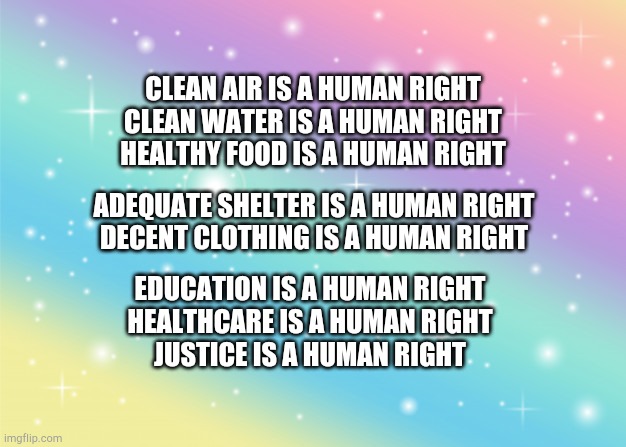 Sparkles | CLEAN AIR IS A HUMAN RIGHT
CLEAN WATER IS A HUMAN RIGHT
HEALTHY FOOD IS A HUMAN RIGHT; ADEQUATE SHELTER IS A HUMAN RIGHT
DECENT CLOTHING IS A HUMAN RIGHT; EDUCATION IS A HUMAN RIGHT
HEALTHCARE IS A HUMAN RIGHT
JUSTICE IS A HUMAN RIGHT | image tagged in sparkles | made w/ Imgflip meme maker