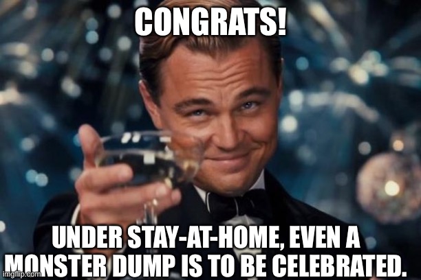 Leonardo Dicaprio Cheers Meme | CONGRATS! UNDER STAY-AT-HOME, EVEN A MONSTER DUMP IS TO BE CELEBRATED. | image tagged in memes,leonardo dicaprio cheers | made w/ Imgflip meme maker