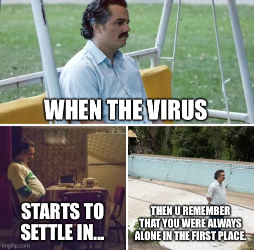 Sad Pablo Escobar | WHEN THE VIRUS; STARTS TO SETTLE IN... THEN U REMEMBER THAT YOU WERE ALWAYS ALONE IN THE FIRST PLACE. | image tagged in memes,sad pablo escobar | made w/ Imgflip meme maker