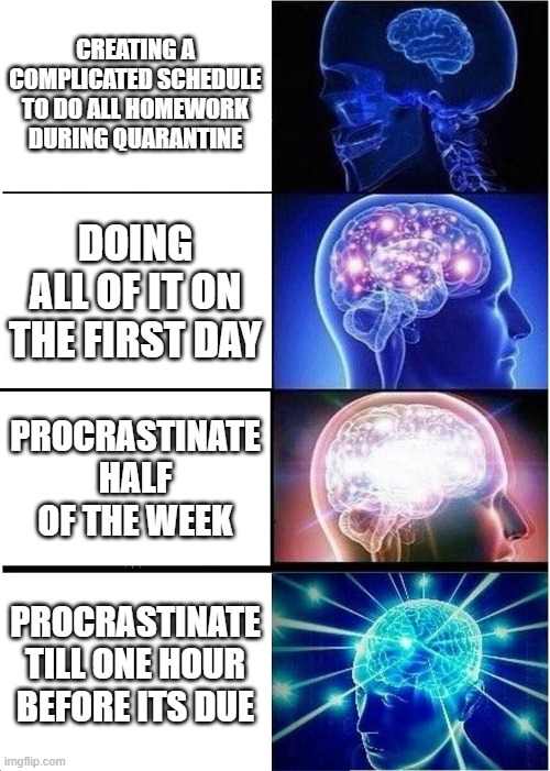 Expanding Brain | CREATING A COMPLICATED SCHEDULE TO DO ALL HOMEWORK DURING QUARANTINE; DOING ALL OF IT ON THE FIRST DAY; PROCRASTINATE HALF OF THE WEEK; PROCRASTINATE TILL ONE HOUR BEFORE ITS DUE | image tagged in memes,expanding brain | made w/ Imgflip meme maker