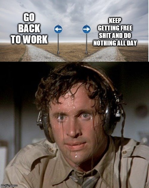 Sweating the choices | KEEP GETTING FREE SHIT AND DO NOTHING ALL DAY; GO BACK TO WORK | image tagged in sweating the choices | made w/ Imgflip meme maker