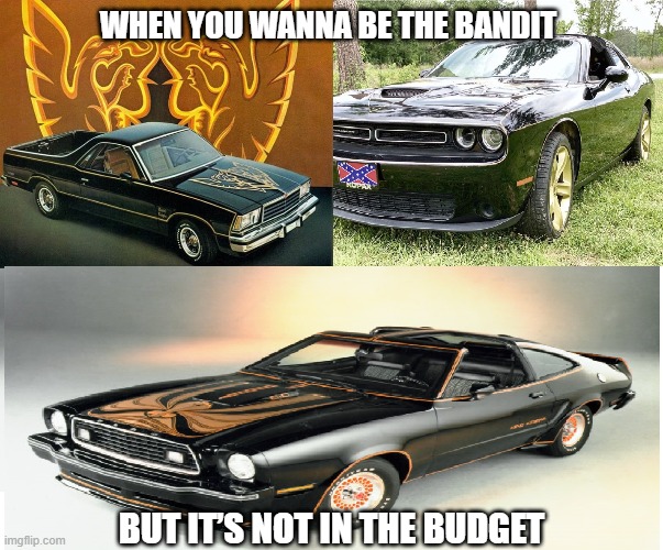 Bandit Rip-offs | WHEN YOU WANNA BE THE BANDIT; BUT IT’S NOT IN THE BUDGET | image tagged in smokey and the bandit | made w/ Imgflip meme maker