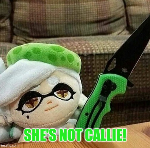 Marie plush with a knife | SHE'S NOT CALLIE! | image tagged in marie plush with a knife | made w/ Imgflip meme maker