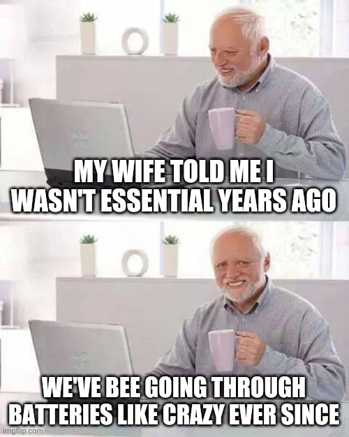 Hide the Pain Harold Meme | MY WIFE TOLD ME I WASN'T ESSENTIAL YEARS AGO; WE'VE BEE GOING THROUGH BATTERIES LIKE CRAZY EVER SINCE | image tagged in memes,hide the pain harold | made w/ Imgflip meme maker