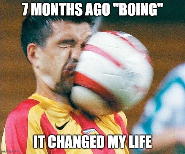 getting hit in the face by a soccer ball | 7 MONTHS AGO "BOING"; IT CHANGED MY LIFE | image tagged in getting hit in the face by a soccer ball | made w/ Imgflip meme maker