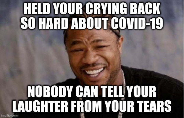 Yo Dawg Heard You Meme | HELD YOUR CRYING BACK SO HARD ABOUT COVID-19; NOBODY CAN TELL YOUR LAUGHTER FROM YOUR TEARS | image tagged in memes,yo dawg heard you | made w/ Imgflip meme maker