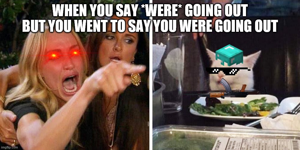 Smudge the cat | WHEN YOU SAY *WERE* GOING OUT BUT YOU WENT TO SAY YOU WERE GOING OUT | image tagged in smudge the cat | made w/ Imgflip meme maker