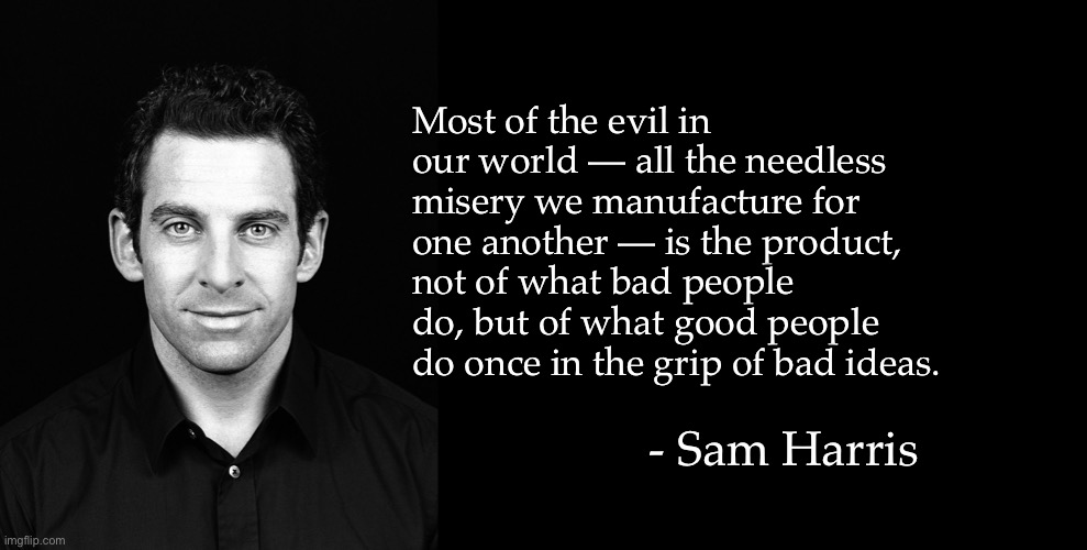 Most of the evil in our world — all the needless misery we manufacture for one another — is the product, not of what bad people do, but of what good people do once in the grip of bad ideas. - Sam Harris | image tagged in sam harris,exmormon | made w/ Imgflip meme maker