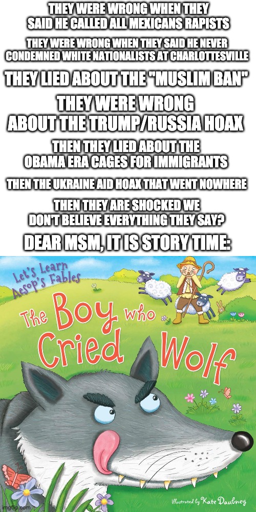 Story Time MSM | THEY WERE WRONG WHEN THEY SAID HE CALLED ALL MEXICANS RAPISTS; THEY WERE WRONG WHEN THEY SAID HE NEVER CONDEMNED WHITE NATIONALISTS AT CHARLOTTESVILLE; THEY LIED ABOUT THE "MUSLIM BAN"; THEY WERE WRONG ABOUT THE TRUMP/RUSSIA HOAX; THEN THEY LIED ABOUT THE OBAMA ERA CAGES FOR IMMIGRANTS; THEN THE UKRAINE AID HOAX THAT WENT NOWHERE; THEN THEY ARE SHOCKED WE DON'T BELIEVE EVERYTHING THEY SAY? DEAR MSM, IT IS STORY TIME: | image tagged in fake news,trump,hoax,msm,msm lies,ConservativeMemes | made w/ Imgflip meme maker