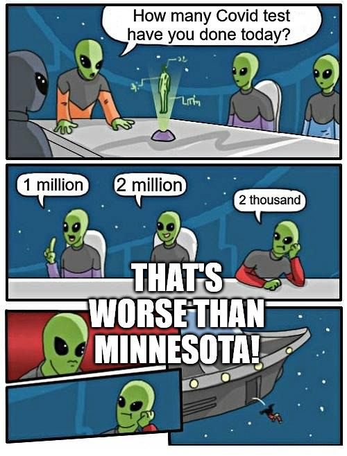 Meanwhile in fly over country! | How many Covid test have you done today? THAT'S WORSE THAN MINNESOTA! 2 million; 1 million; 2 thousand | image tagged in memes,alien meeting suggestion,covid-19,minnesota,freedom | made w/ Imgflip meme maker