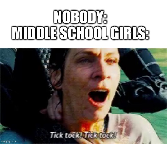 Tik Tok! Tik Tok! |  NOBODY:
MIDDLE SCHOOL GIRLS: | image tagged in hunger games tick tock,tiktoksucks | made w/ Imgflip meme maker