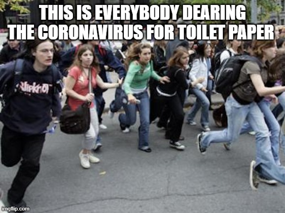 Crowd Running | THIS IS EVERYBODY DEARING THE CORONAVIRUS FOR TOILET PAPER | image tagged in crowd running | made w/ Imgflip meme maker