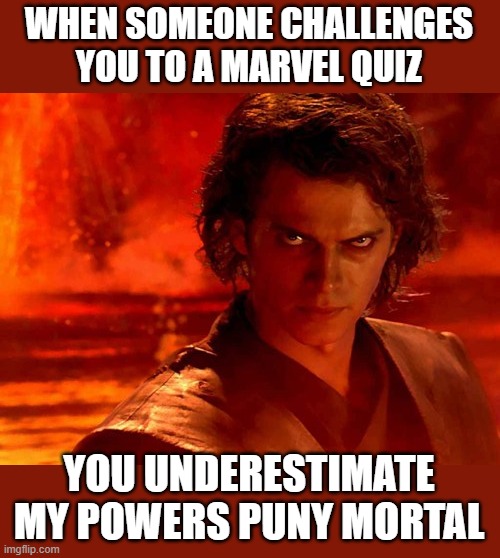 You Underestimate My Power | WHEN SOMEONE CHALLENGES YOU TO A MARVEL QUIZ; YOU UNDERESTIMATE MY POWERS PUNY MORTAL | image tagged in memes,you underestimate my power | made w/ Imgflip meme maker
