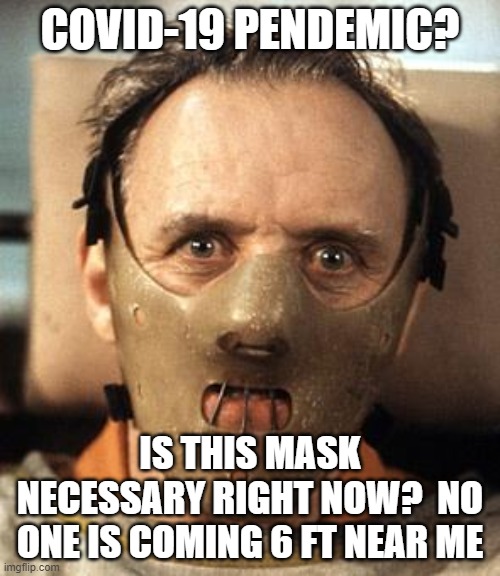 Hannibal Lector Covid 19 social distancing | COVID-19 PENDEMIC? IS THIS MASK NECESSARY RIGHT NOW?  NO ONE IS COMING 6 FT NEAR ME | image tagged in hannibal lecter,covid19,social distancing | made w/ Imgflip meme maker