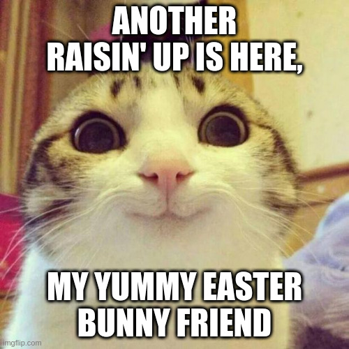 Smiling Cat Meme | ANOTHER RAISIN' UP IS HERE, MY YUMMY EASTER BUNNY FRIEND | image tagged in memes,smiling cat | made w/ Imgflip meme maker