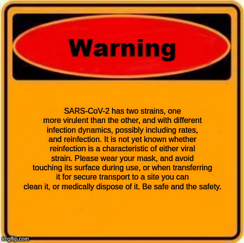 Warning Sign | SARS-CoV-2 has two strains, one more virulent than the other, and with different infection dynamics, possibly including rates, and reinfection. It is not yet known whether reinfection is a characteristic of either viral strain. Please wear your mask, and avoid touching its surface during use, or when transferring it for secure transport to a site you can clean it, or medically dispose of it. Be safe and the safety. | image tagged in memes,warning sign | made w/ Imgflip meme maker